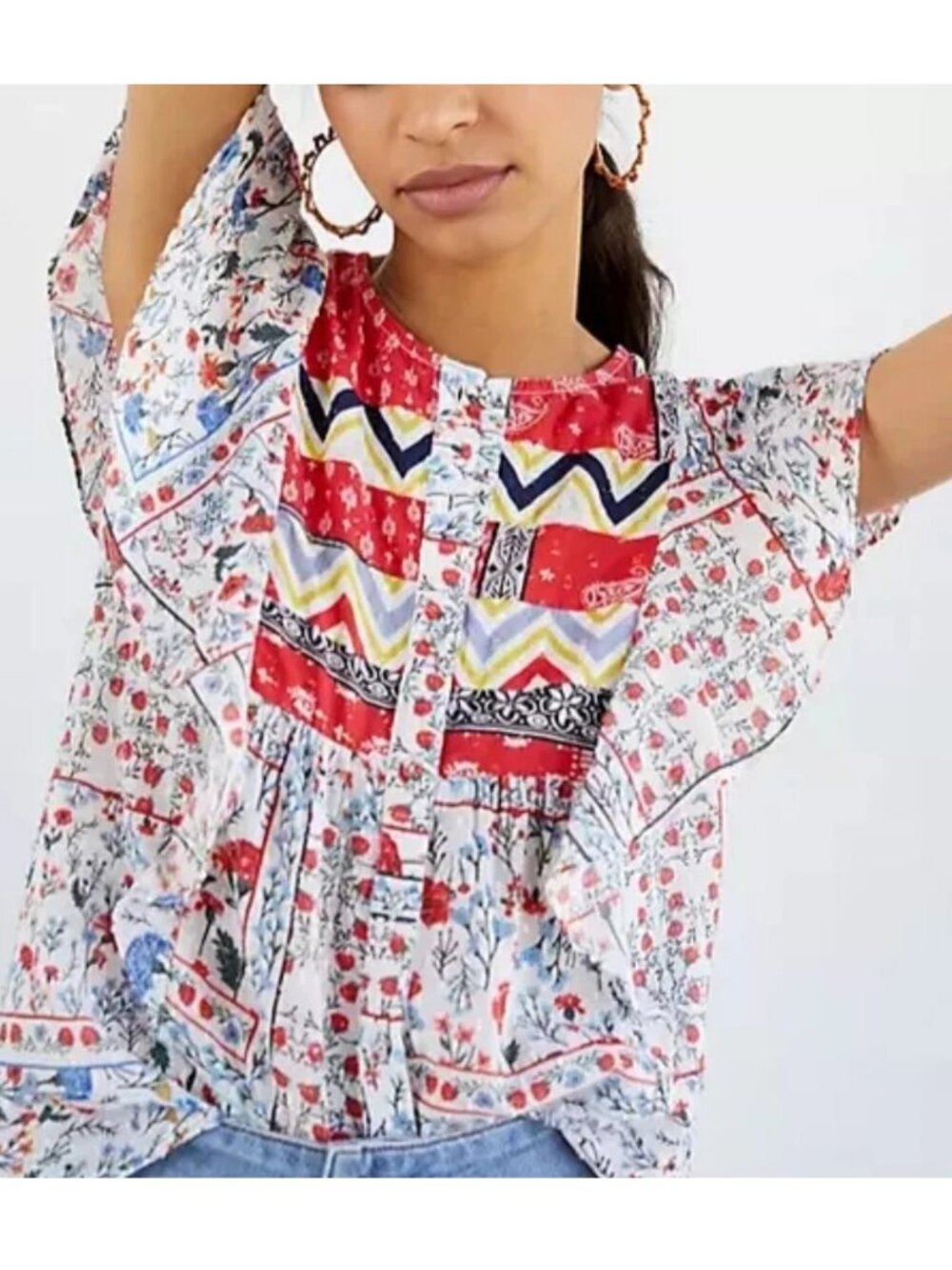 Anthropologie Let Me Be Floral Patchwork Top Women Size 8 US 100% Cotton Ruffle